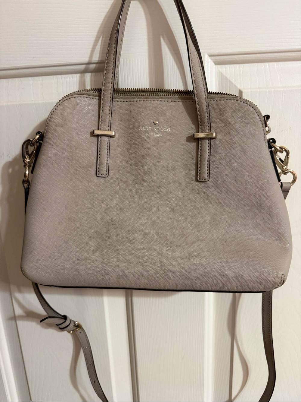 kate spade taupe-gray Saffiano Dome Satchel with Gold Hardware